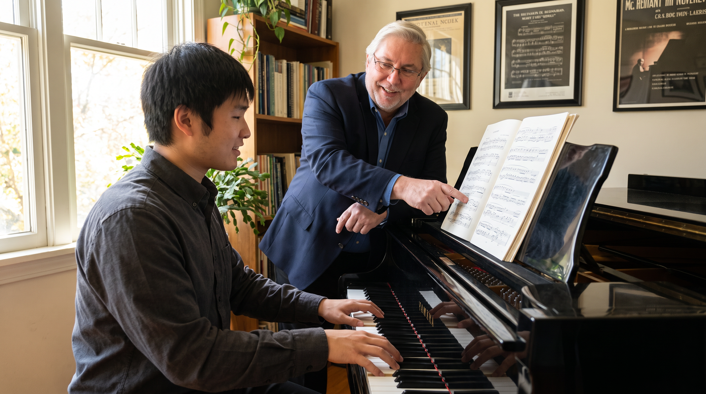 Bill Chen at the piano as Dr. Frank Pittman guides him