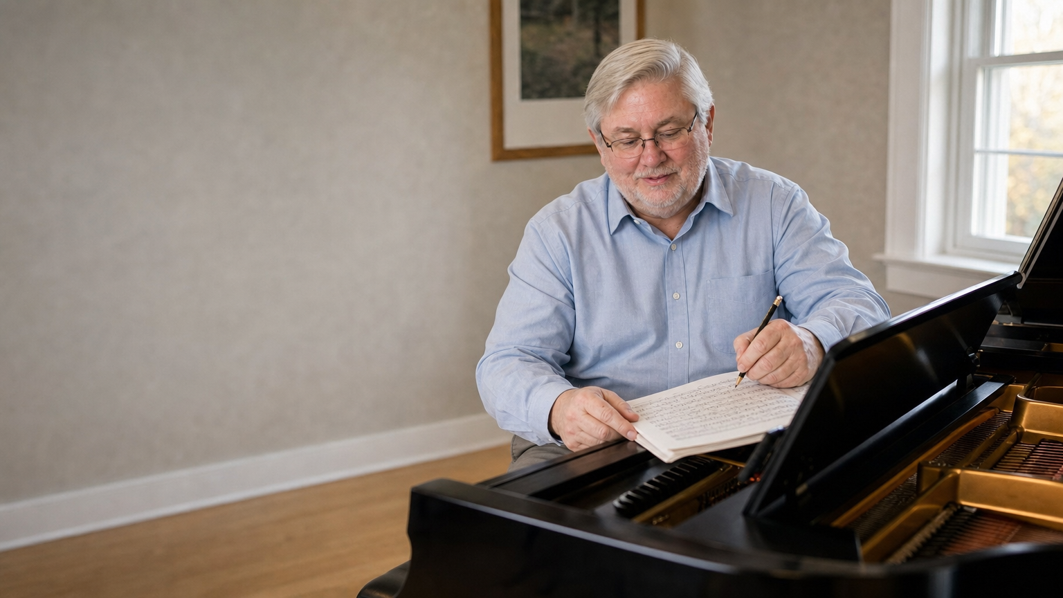 Dr. Frank Pittman annotating a score at a grand piano
